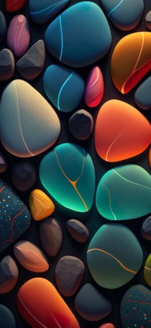 Vibrant multicolored stones in blue, orange, teal, purple with glossy finish create a dynamic abstract effect. | 4K Wallpaper for Mobile