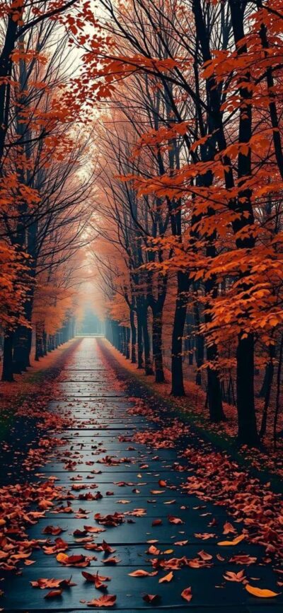 A serene autumn pathway with trees and vibrant leaves, featuring orange, black, and brown colors | 4K Wallpaper for Mobile