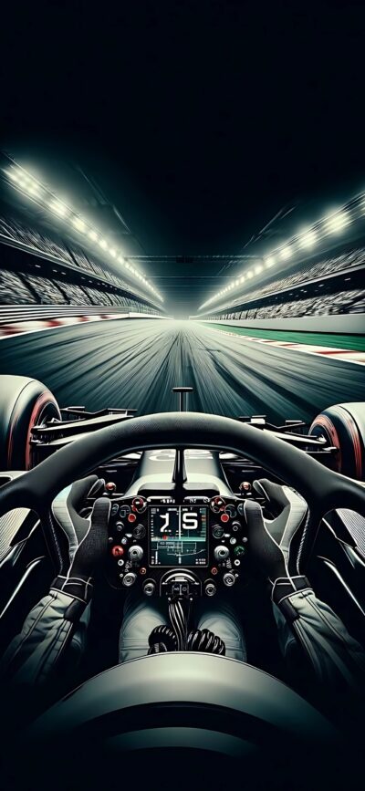 Formula 1 cockpit view with blurred stadium lights | Black, White, Green | Speed & adrenaline | 4K Wallpaper for Mobile