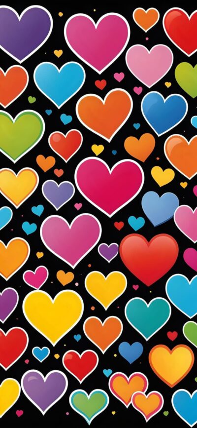 Colorful hearts pattern on black background, featuring red, pink, blue, orange, yellow, green, and purple hearts | 4K Wallpaper for Mobile