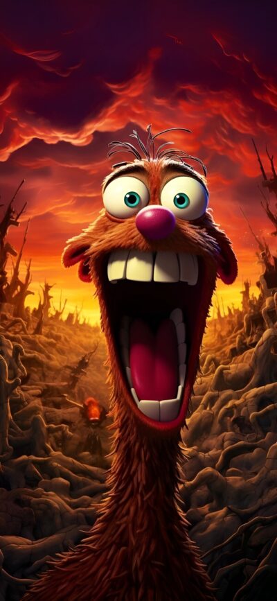 Cartoon character with large eyes and pink nose set against a fiery red-orange sky for mobile | 4K Wallpaper