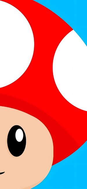 Close-up of Toad from the Mario franchise with a red and white cap on a blue background. | 4K Wallpaper for Mobile