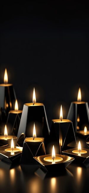 Mesmerizing candles in geometric black holders glow in a serene, elegant setting. Black, gold, orange tones | 4K Wallpaper for Mobile