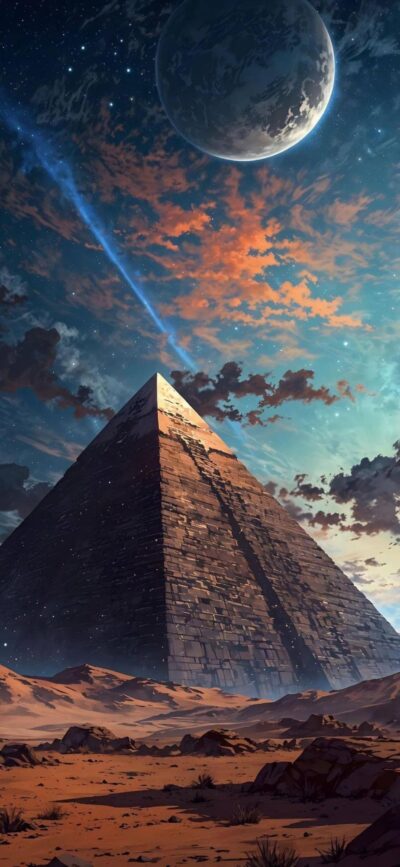 Majestic pyramid with a starry night sky and planet, blending cosmic and historical themes | 4K Wallpaper for Mobile