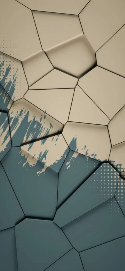 Abstract geometric pattern wallpaper in beige and muted blue tones, polygonal shapes with splash paint effect | 4K Wallpaper for Mobile