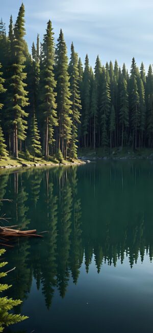 Serene nature scene with tall pine trees and a calm lake reflecting lush greenery and sky | 4K Wallpaper for Mobile