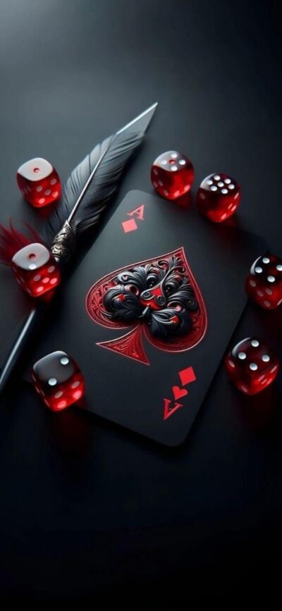 Ace of Spades card with red dice & quill on dark background, highlighting mystery. Colors: black, red, grey | 4K Wallpaper for Mobile