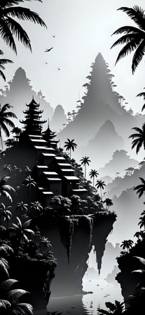 Monochromatic landscape with Asian architecture, palm trees, and birds in a serene mountainous setting | 4K Wallpaper for Mobile