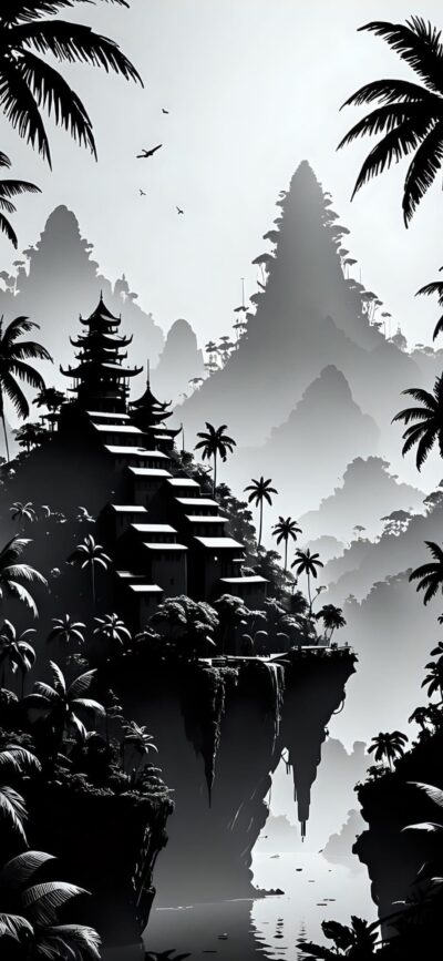 Monochromatic landscape with Asian architecture, palm trees, and birds in a serene mountainous setting | 4K Wallpaper for Mobile