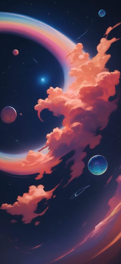 Stunning space scene with pink clouds, distant planets, and starry background for a fantastical mobile setting | 4K Wallpaper.