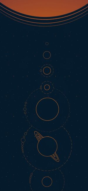 Minimalist planetary system with abstract rings, stars, and outlines. Cosmic art in orange and blue tones | 4K Wallpaper for Mobile