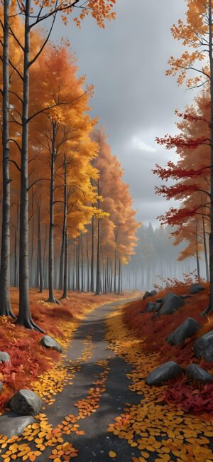 Serene autumn forest with vibrant orange/red leaves and leaf-carpeted path under a gray sky | 4K Wallpaper for Mobile