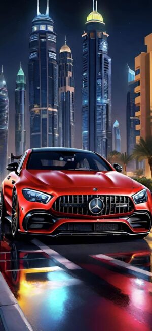 Red Mercedes-Benz with illuminated skyscrapers | 4K Wallpaper for Mobile | Red, black, blue colors | Check vehicle & cityscape wallpapers.