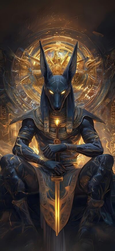 Anubis in dark mystical style with glowing eyes and ornate armor, set against gold hieroglyphics | 4K Wallpaper for Mobile