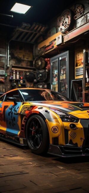 Customized sports car with vibrant graffiti paint in a dim garage. Urban vibe and dynamic colors: orange, blue, red | 4K Wallpaper for Mobile