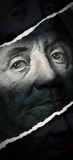 Close-up torn style U.S. currency portrait with intricate details in black, white, and gray | 4K Wallpaper for Mobile