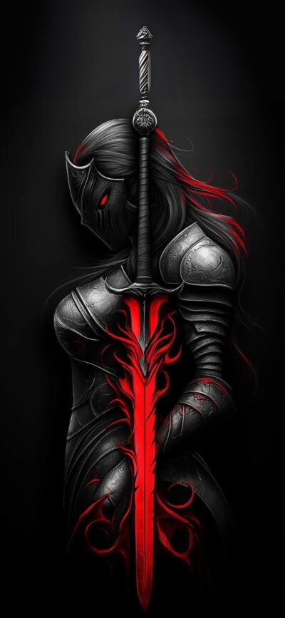 Armored warrior with glowing red sword in black armor against shadowy backdrop | 4K Wallpaper, for Mobile | Black & Red Fantasy Vibe