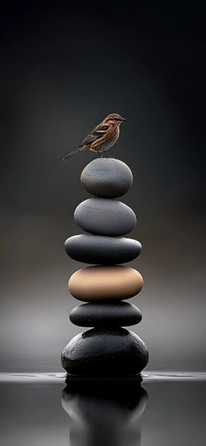 Small bird on balanced stones, dark blurred background, evokes tranquility and mindfulness | 4K Wallpaper for Mobile