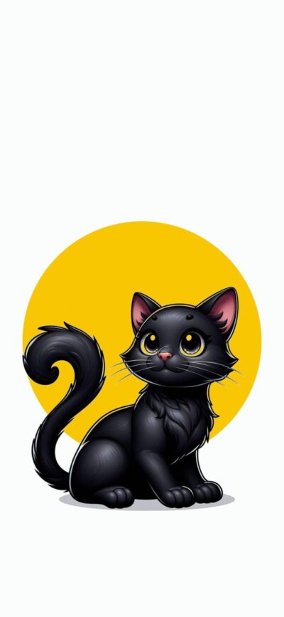 Cute black cartoon cat with big eyes on vibrant yellow circle background | 4K Wallpaper for Mobile.