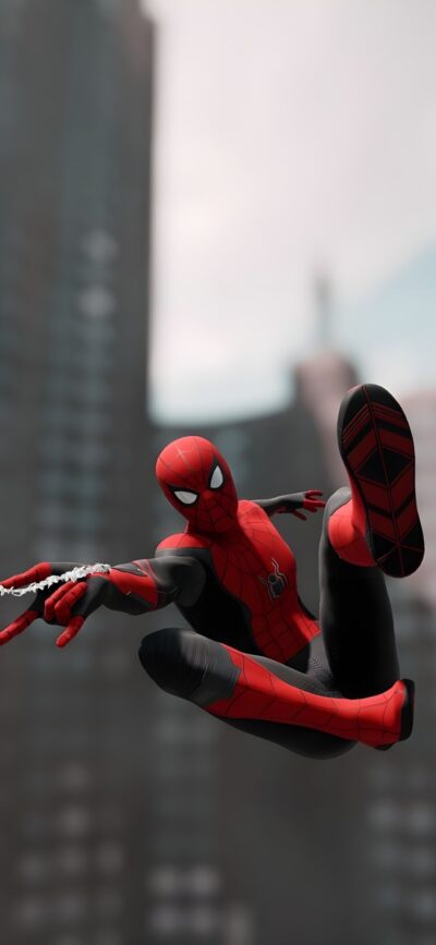 Spiderman swinging in cityscape, dynamic red and black suit, blurred background action | 4K Wallpaper for Mobile