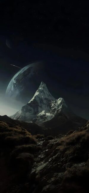 Majestic mountain under a starry sky with a large planet, blending fantasy and sci-fi elements | 4K Wallpaper for Mobile