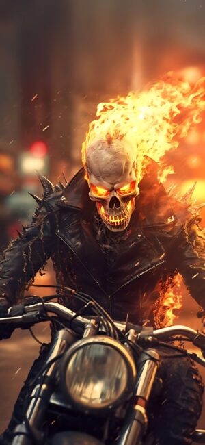 Fiery Ghost Rider lookalike with flaming skull and spiked jacket on motorcycle, blazing backdrop. Orange, black, yellow hues | 4K Wallpaper for Mobile