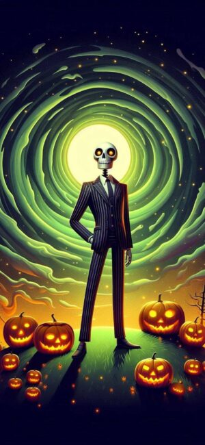 Alt tag: 'Skeleton in pinstripe suit with glowing Jack-o'-lanterns on grassy hill, swirling green/yellow vortex | 4K Wallpaper for Mobile'