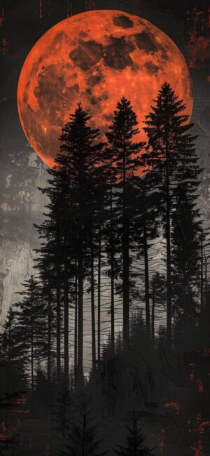 4K Wallpaper | Mobile: Vivid red moon rising above dark tree silhouettes in a dramatic night forest scene, blending nature & celestial beauty.