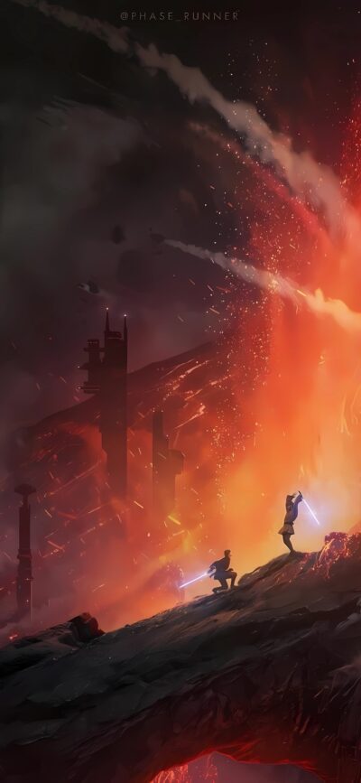 Dramatic scene with glowing swords and a fiery volcanic sky, suggesting an epic otherworldly battle. | 4K Wallpaper for Mobile