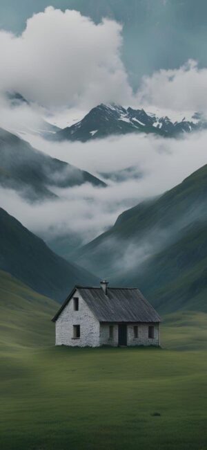 Serene landscape with house in lush valley, misty mountains, low clouds | 4K Wallpaper for Mobile