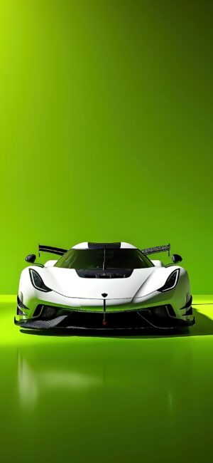 White sports car on a vibrant green background, showcasing its aerodynamic design and modern features for enthusiasts | 4K Wallpaper, for Mobile