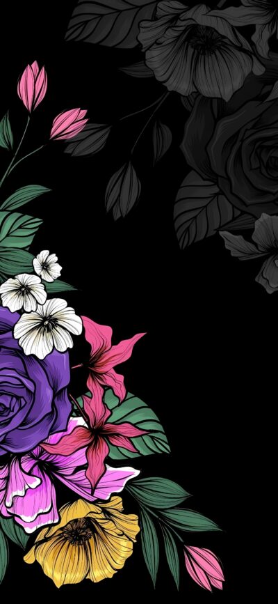 Colorful floral illustration on black, featuring roses and vibrant hues | 4K Wallpaper for Mobile