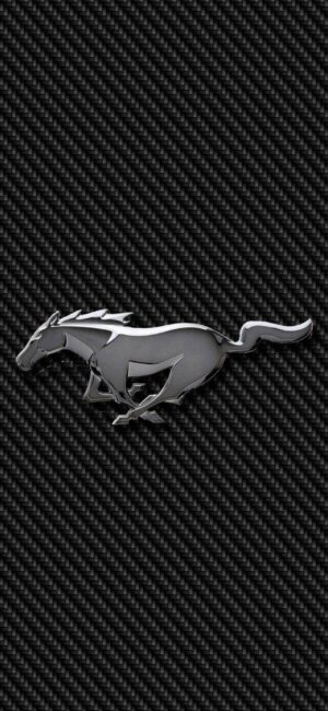 Silver Mustang logo on black carbon fiber background, symbolizing speed and elegance. | 4K Wallpaper, for Mobile