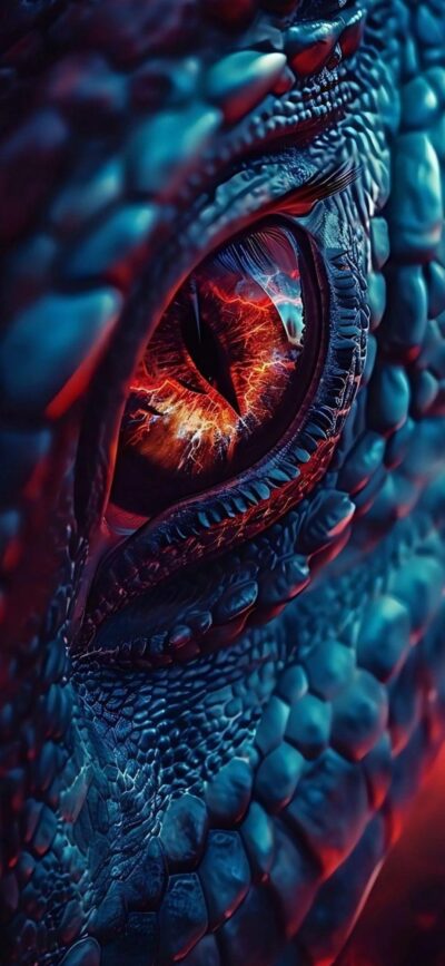 Dragon's eye close-up with intricate scales; vibrant blue, red, black hues create a fantasy theme | 4K Wallpaper for Mobile