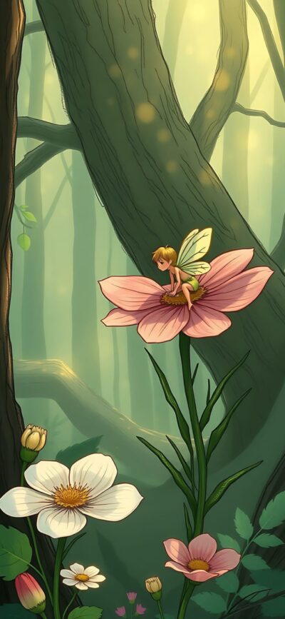 Whimsical fairy on pink flower in enchanted forest, tall trees, blooming flowers, dappled sunlight | 4K Wallpaper for Mobile