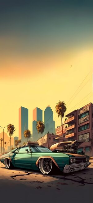 Futuristic cityscape with lowrider car, skyscrapers, and palm trees. Cyberpunk aesthetic in yellow, green, blue | 4K Wallpaper for Mobile.