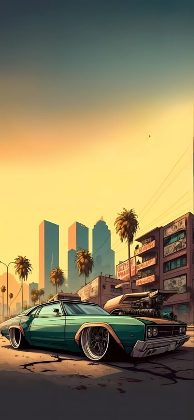 Futuristic cityscape with lowrider car, skyscrapers, and palm trees. Cyberpunk aesthetic in yellow, green, blue | 4K Wallpaper for Mobile.