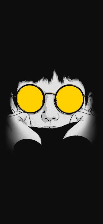 Stylized illustration of a person with yellow sunglasses on a dark background, perfect for mobile | 4K Wallpaper | Black, Yellow