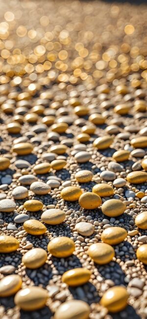 Golden and beige stones with bokeh background, creating a serene, abstract nature scene. Tranquil and balanced. | 4K Wallpaper for Mobile