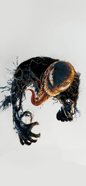 Venom in dark symbiotic form, showcasing sharp teeth and long tongue on light background | Black, white, red | 4K Wallpaper for Mobile