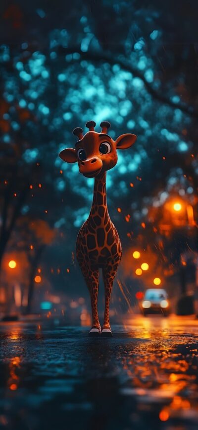 Cute animated giraffe on a wet street at night with warm streetlights and city bokeh | 4K Wallpaper for Mobile