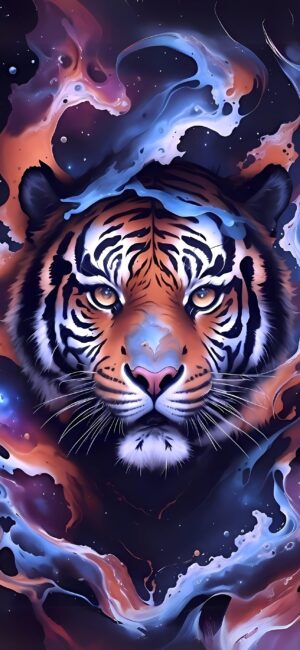 Majestic tiger amidst cosmic waves in vibrant blue, orange, and black hues. Wildlife meets fantasy. | 4K Wallpaper for Mobile