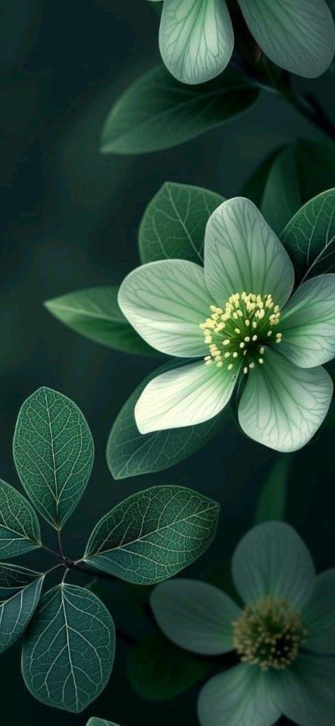 Green floral design with intricate leaves on a dark background, delicate petals | 4K Wallpaper for Mobile