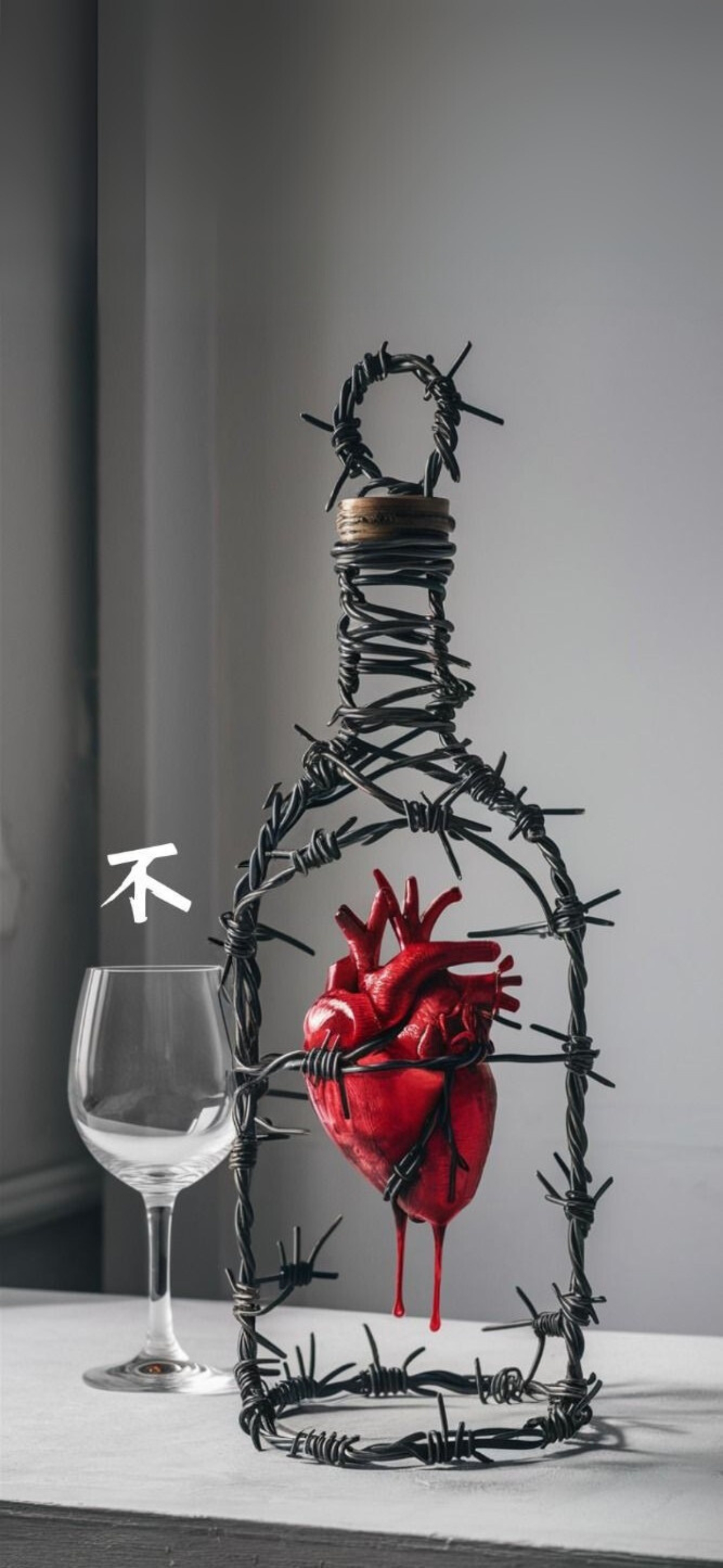 Red heart in barbed wire bottle with an empty wine glass, symbolizing captivity and emotion | 4K Wallpaper, for Mobile