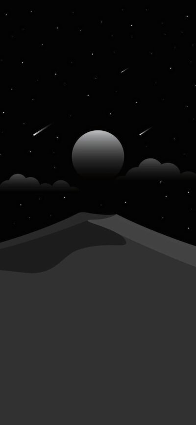 Minimalist night scene with silhouetted hills, starlit sky, and a glowing planet partially obscured by clouds | 4K Wallpaper for Mobile