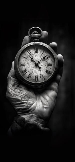 Vintage pocket watch in hand with Roman numerals, black and white tones for a timeless feel | 4K Wallpaper for Mobile