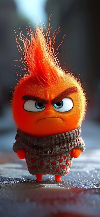 Fluffy orange character with spiky hair, angry expression & knitted sweater on a textured surface | 4K Wallpaper for Mobile