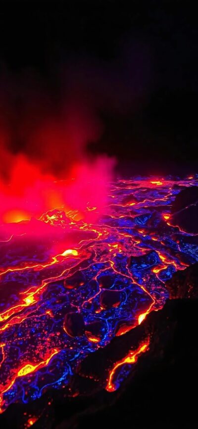 Volcanic lava flow with red, orange, and blue hues showcasing nature's power | 4K Wallpaper for Mobile