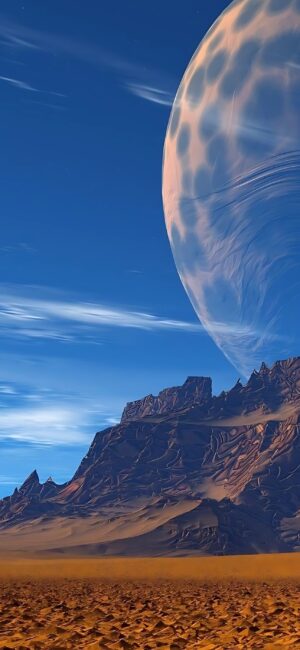 Sci-fi landscape with a planet and mountain range under a blue sky | Blue, brown hues | 4K Wallpaper for Mobile