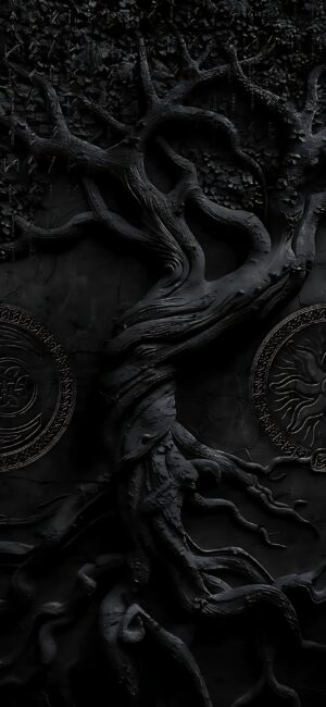 Mystical tree with twisted branches and ancient symbols against a black background. Perfect dark fantasy theme | 4K Wallpaper for Mobile